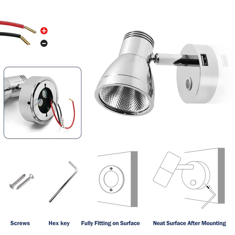 THALASSA مصباح قراءة جداري THALASSA 3W RV مع منفذ USB، تشطيب كروم جهد منخفض 0.25A، 10V-30V LED مرن مثبت على السطح، ضوء أبيض دافئ رائع للبيئة الداخلية - Image 2